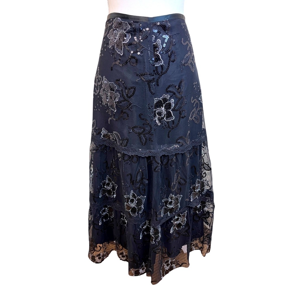ElLLIOT  LAUREN Midi Maxi Skirt Sz 14 Black Sequin Mesh Tiered Fairy Whimsigoth